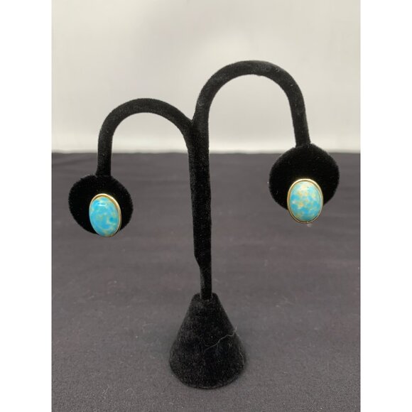 Cabachon Faux Turquoise Screw Back Earrings Pair Unmarked - Picture 1 of 5